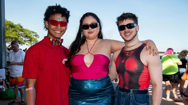 Katherine Bond, Seth Kapser and Mason Waikato as Pride Parade takes off in Darwin City, 2024. Picture: Pema Tamang Pakhrin