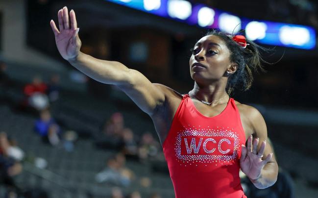 Four-times Olympic gold-medalist Simone Biles trained on Friday ahead of her comeback meet at the U.S. Classic