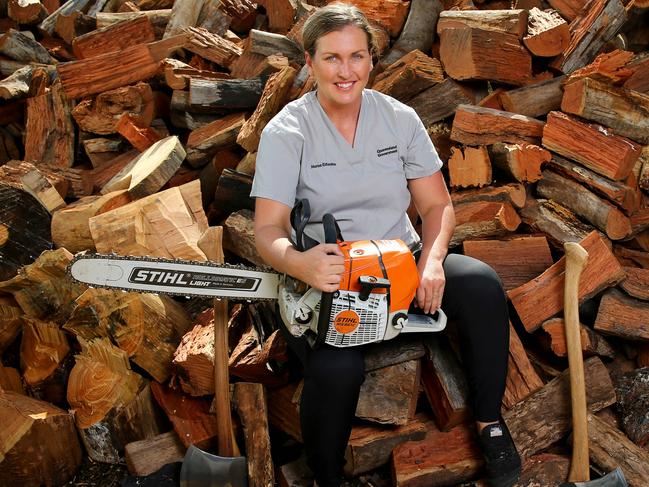 During the week Katrina Head is an ICU Nurse with Queensland health and on weekends she competes in Timbersports events along her with her husband Jamie Head, Burpengary east Thursday 5th May 2021 Picture David Clark