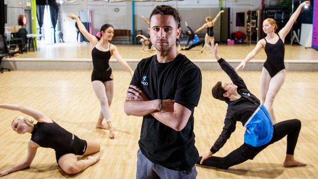 Dance teacher Pep Rigano with students at the Australian Company of Performing Arts. Picture: Matt Turner