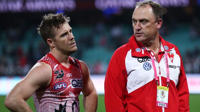 Luke Parker and John Longmire are hoping the Swans can figure out their final term woes. Picture: Phil Hillyard