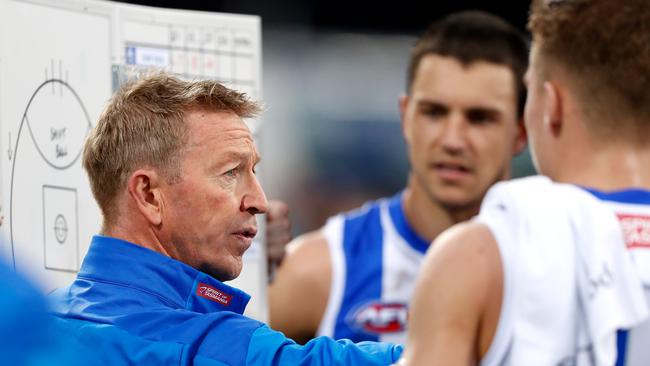 David Noble addressing his side. Photo by Dylan Burns/AFL Photos via Getty Images