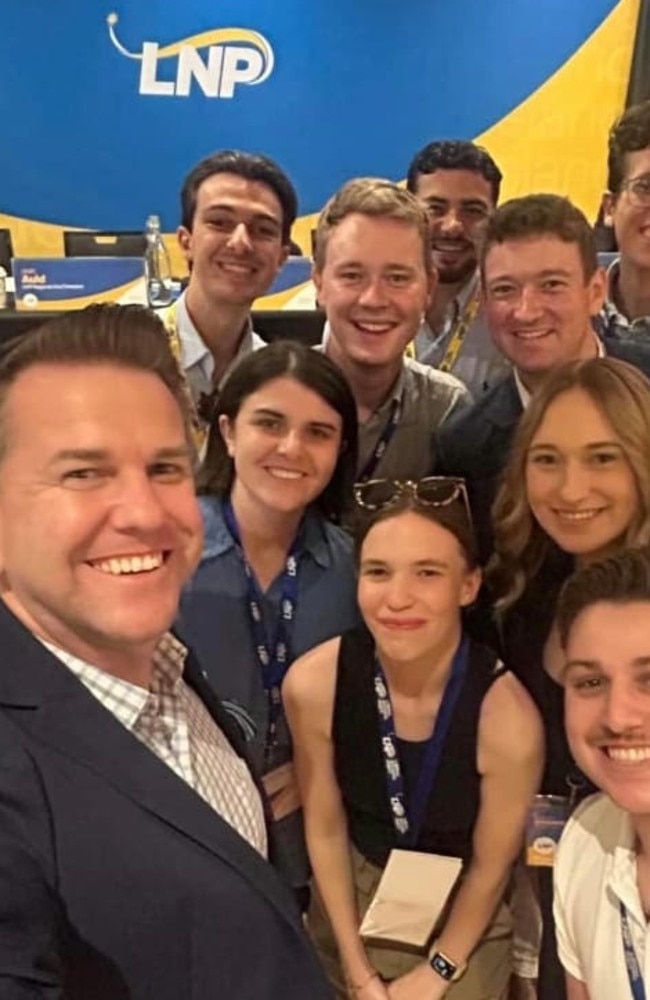 Deputy Premier Jarrod Bleijie at the LNP state council meeting in Rockhampton. He is with some of the government's new policy staffers.