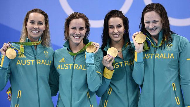 Emma McKeon won gold at the Rio Olympics in the women’s 4x100m relay with Brittany Elmslie and Bronte and Cate Campbell. Picture: AFP