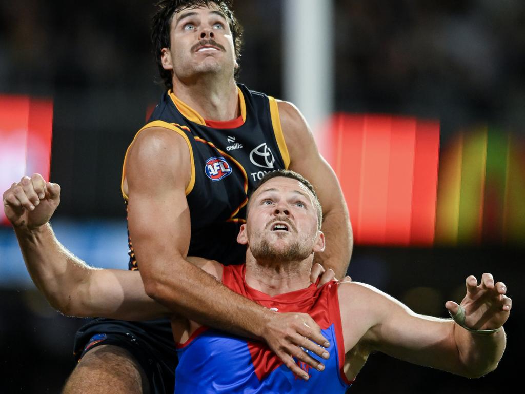 Steven May was up against it playing on the Crows’ big forwards Taylor Walker and Darcy Fogarty (pictured). Picture: Mark Brake/Getty Images