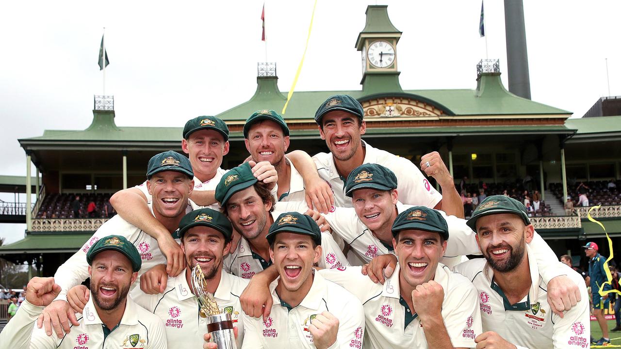 The Australian team celebrate at the SCG last summer.