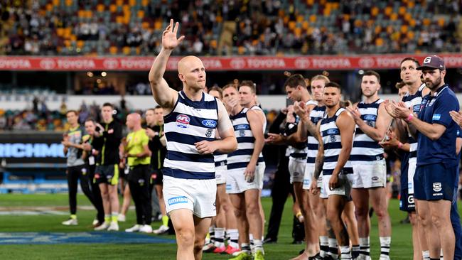 Gary Ablett farewells fans after the 2020 Grand Final. Picture: Bradley Kanaris