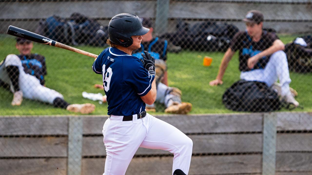 Geelong Baycats' US import Tanner Riley records a hit against Moorabbin. Picture: Jackson Geall.