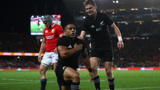 Ngani Laumape of the All Blacks is congratulated by teammate Jordie Barrett.