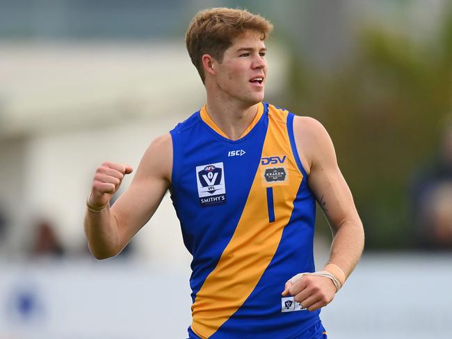 MELBOURNE, AUSTRALIA - APRIL 25: Corey Ellison of the Seagulls celebrates a goal during the 2024 VFL Round 05 match between Williamstown and Werribee at DSV Stadium on April 25, 2024 in Melbourne, Australia. (Photo by Morgan Hancock/AFL Photos)