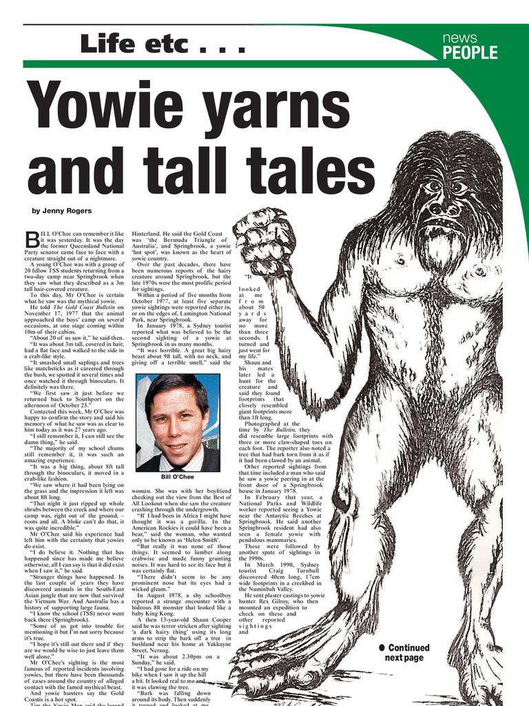 Yowie Yarns and tall tales. Published in the Gold Coast Bulletin on January 1, 2005.