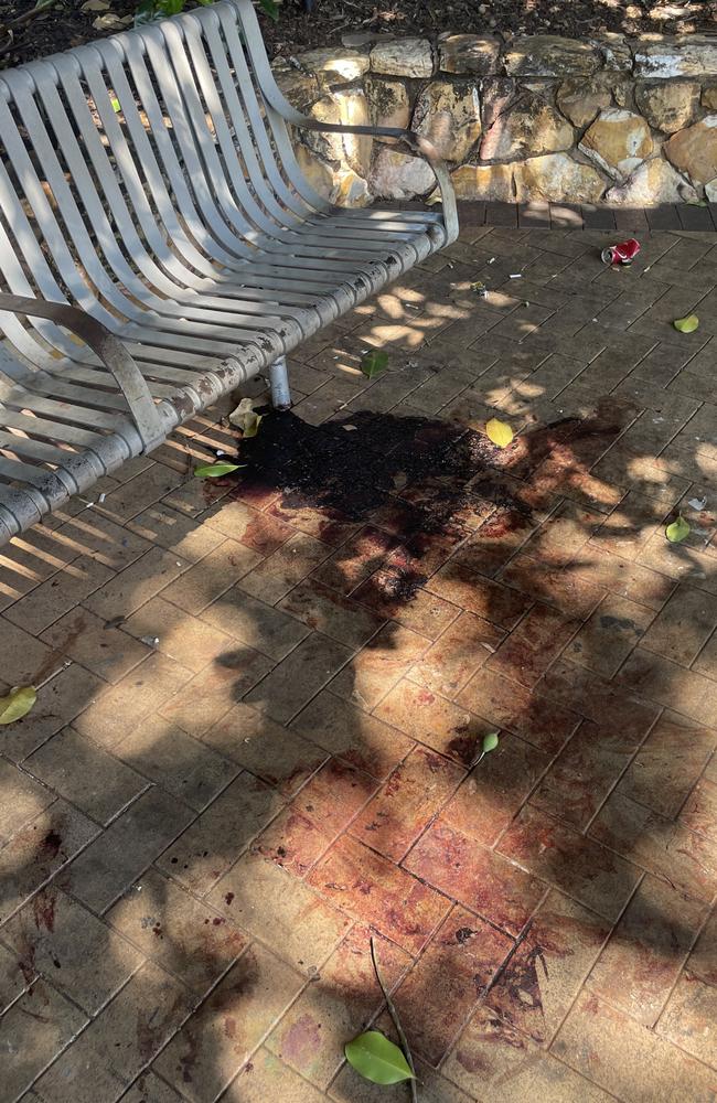 What appears to be a huge pool of dried blood in Bennett Park between Parliament House and the Top End Tourist Information Centre. Picture: Annabel Bowles