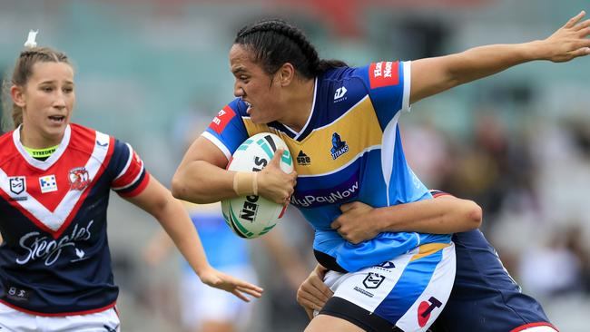 Tazmin Gray of the Titans runs with the ball during the round two NRLW match between the Sydney Roosters and the Gold Coast Titans at WIN Stadium, on March 06, 2022, in Wollongong, Australia. (Photo by Mark Evans/Getty Images