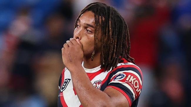SYDNEY, AUSTRALIA - APRIL 19: Dominic Young of the Roosters reacts after losing the round seven NRL match between Sydney Roosters and Penrith Panthers at Allianz Stadium, on April 19, 2025, in Sydney, Australia. (Photo by Cameron Spencer/Getty Images)