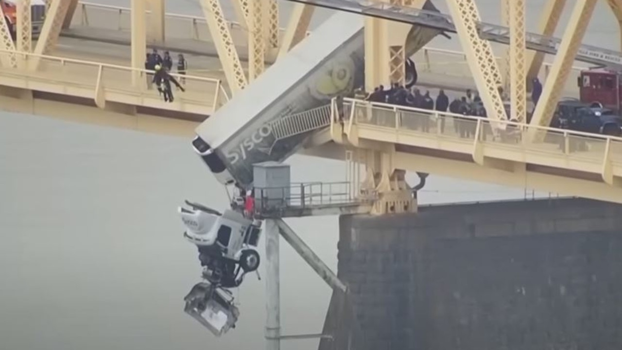 Footage from truck crash on bridge in Kentucky.