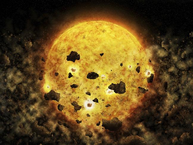 This illustration provided by NASA depicts debris surrounding the star RW Aur A, about 450 light-years away from the Earth. In the Wednesday, July 18, 2018 edition of the Astronomical Journal, astronomers said they may have caught the star munching on a planet or mini-planets. (M. Weiss/CXC/NASA via AP)