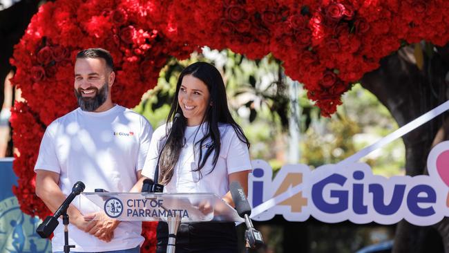 Leila Abdallah (right, pictured with her husband Danny) gives a speech at the i4Give festival. Picture: NCA NewsWire/David Swift