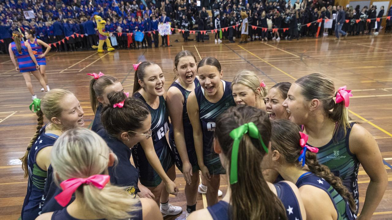 St Ursula's Senior A get ready to face Downlands First VII in Merici-Chevalier Cup netball at Salo Centre, Friday, July 19, 2024. Picture: Kevin Farmer