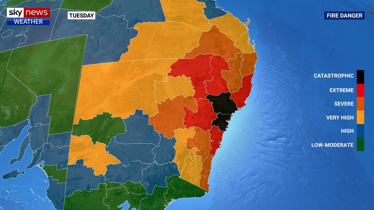 Hot and windy conditions are adding up to a catastrophic fire danger day across eastern parts of New South Wales. Picture; Sky News Weather