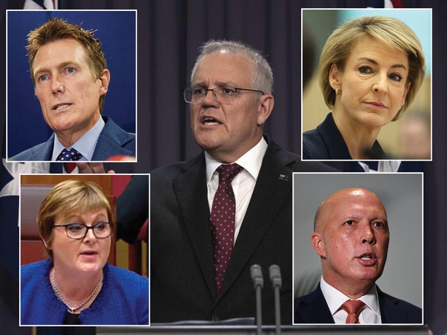 Cabinet reshuffle: PM Scott Morrison, centre, has new roles for Christian Porter, top left, Linda Reynolds, bottom left, Michaelia Cash, top right, and Peter Dutton, bottom right. Pictures NewsWire/AFP