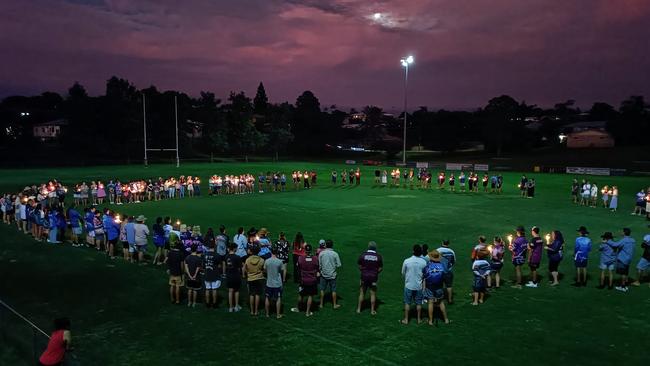 The Gympie community gathered at the home of junior rugby league on February 4, to light up the night and give Levi Hanna a touching send-off. Photo: Tessa Palmer Ross