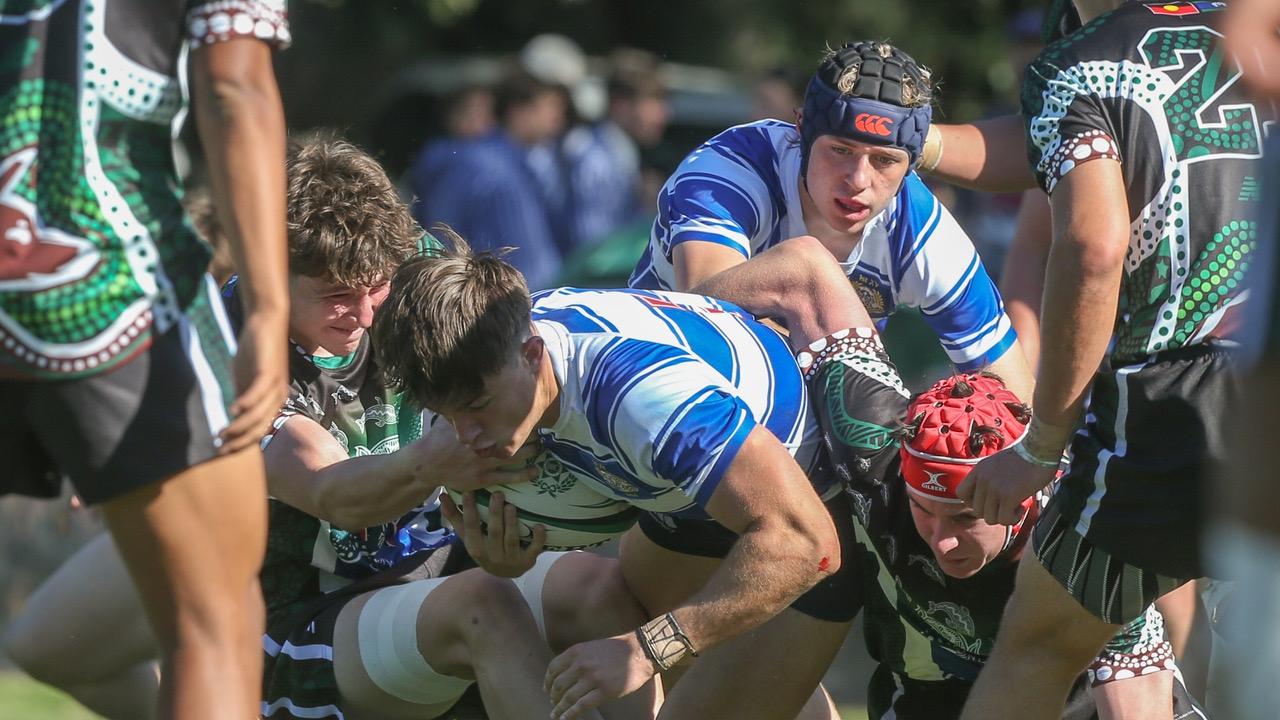 Hugo Hart (with the ball). GPS First XV rugby between Nudgee College and BBC. Photos by Stephen Archer