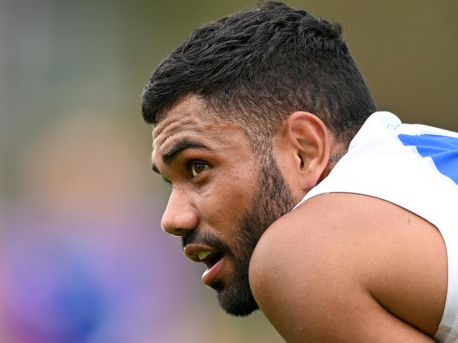 MELBOURNE, AUSTRALIA - MARCH 18: Tarryn Thomas of the Kangaroos looks on during the VFL Practice Match between North Melbourne and Williamstown at Arden Street Ground on March 18, 2023 in Melbourne, Australia. (Photo by Morgan Hancock/Getty Images)