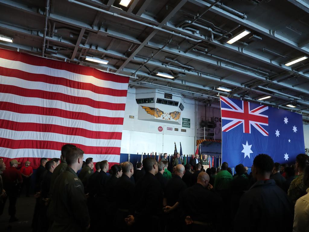 Australian Prime Minister Scott Morrison visits USS Ronald Reagan off the coast of Brisbane as part of a joint America and Australia Operation Talisman Sabre 2019 on July 12, 2019. Picture: Adam Taylor