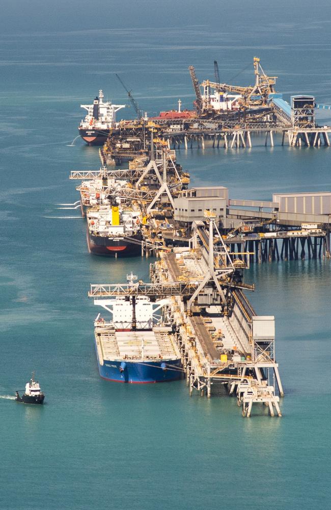 Coal ships moored at Hay Point and Dalrymple Bay coal loading facilities. Picture: Daryl Wright