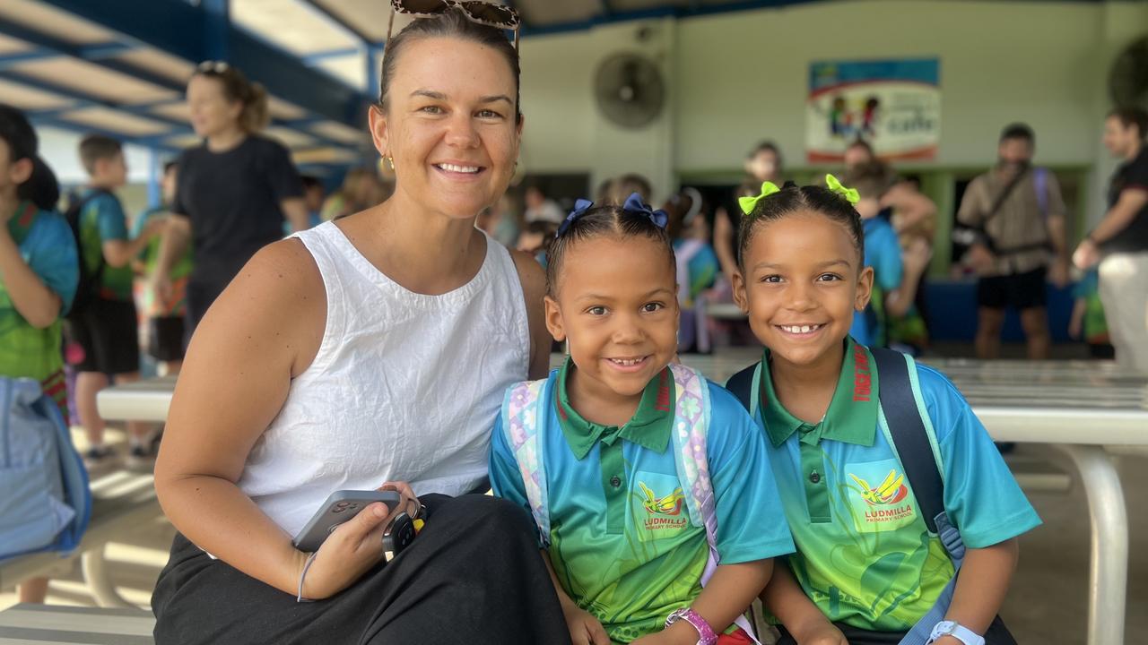 Darwin, NT, 29/1/25: Mum Belinda with Zakiyah (Year 1) and Malika (Year 3) on their first day at a mainstream school. Students at Ludmilla Primary School celebrated their return for the new school year with a parents and kids breakfast. Picture: Fia Walsh.