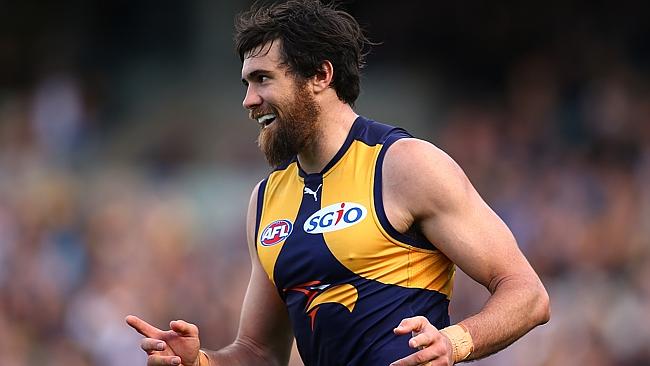 PERTH, AUSTRALIA — JULY 10: Josh Kennedy of the Eagles celebrates a goal during the round 16 AFL match between the West Coast Eagles and the North Melbourne Kangaroos at Domain Stadium on July 10, 2016 in Perth, Australia. (Photo by Paul Kane/Getty Images)