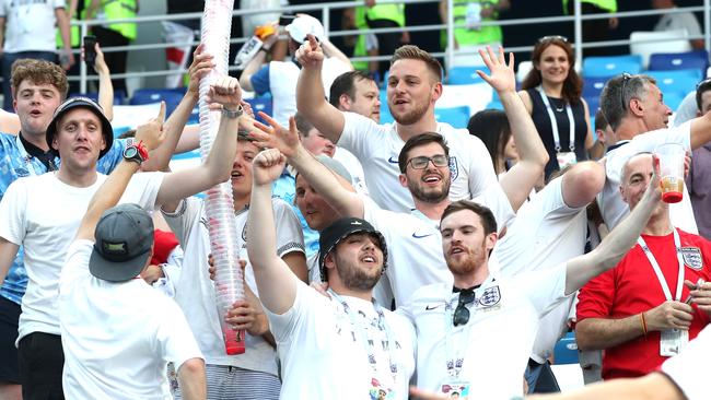 NIZHNY NOVGOROD, RUSSIA - JUNE 24:  England fans celebrate following their sides victory in the 2018 FIFA World Cup Russia group G match between England and Panama at Nizhny Novgorod Stadium on June 24, 2018 in Nizhny Novgorod, Russia.  (Photo by Alex Morton/Getty Images)