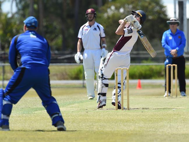 Burleigh batsman Jasper Schoenmaker hits a six against Alberton Ormeau on Saturday. Picture: Lawrence Pinder