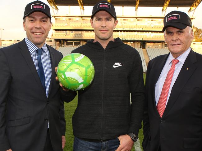 Campbelltown Mayor George Brticevic, Brett Emerton and Lang Walker pose for a photo at Campbelltown, NSW, Australia, 2nd May 2018. Campbelltown Council organised its A-League bid ambassadors Lang Walker and Brett Emerton, local councillors from Campbelltown, Camden and Wollondilly, local politicians and community members at Campbelltown Stadium for a show of community support for it's A-League bid. (AAP IMAGE / Robert Pozo).