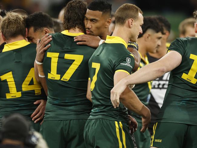 MELBOURNE, AUSTRALIA - OCTOBER 28: New Zealand hug Australia after performing a Haka before the Men's pacific Championship match between Australia Kangaroos and New Zealand Kiwis at AAMI Park on October 28, 2023 in Melbourne, Australia. (Photo by Daniel Pockett/Getty Images)