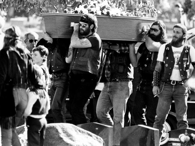 Bandidos bikie gang members acts as pallbearers at the funeral of two of their own at Rookwood Cemetery. Picture: Ian Mainsbridge.