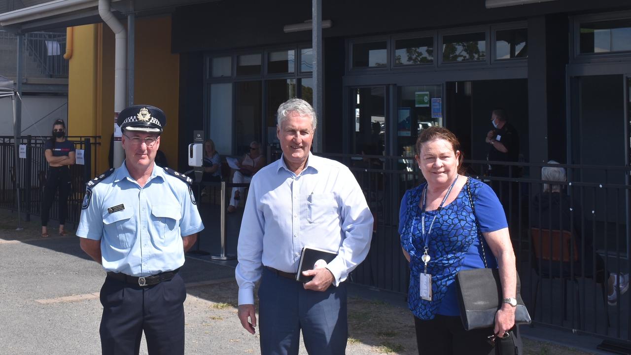 (From left) Mackay Police District's District Officer Superintendent Glenn Morris, Mackay Mayor Greg Williamson, and Mackay Base Hospital Nursing and Midwifery Executive Director Julie Rampton at Mackay's new vaccination hub at the showgrounds, August 6, 2021. Picture: Matthew Forrest