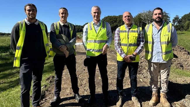 The project team responsible for delivering new stormwater pump station behind Brothers Leagues Club at Murwillumbah on May 20, 2024 are from left, Mitch Jackson, Leon McLean, TSC Director Engineering David Oxenham, RA Program Director Geoff Waterhouse and Ethan Crowe. Picture: Supplied