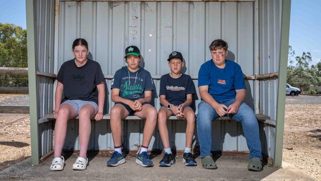 02-01-2025 Inverleigh school kids Lili Scott, George Carr, Mason Frenchman and Max Shaw all attend government secondary schools in Geelong have been informed they will not have a seat on the Inverleigh regional school bus in 2025. Picture: Brad Fleet