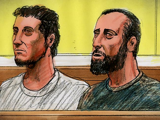 A artist's sketch of Hamza Abbas, on right, and Ahmed Mohamed facing the Melbourne Magistrates Court. CREDIT: NINE NEWS