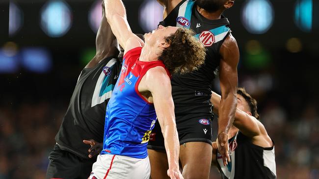 Ben Brown in action in one of his last games for Melbourne. Photo by Sarah Reed/AFL Photos via Getty Images