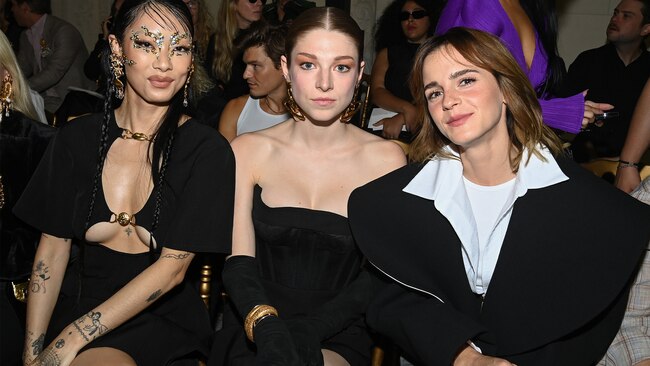 Rina Sawayama, Hunter Shafer and Emma Watson on the front row of Schiaparelli. Photo: Getty.