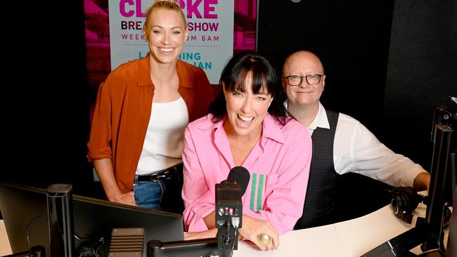 Mix 102.3 breakfast team Ali Clarke. centre, with Erin Phillips and Eddie Bannon. Picture: Naomi Jellicoe