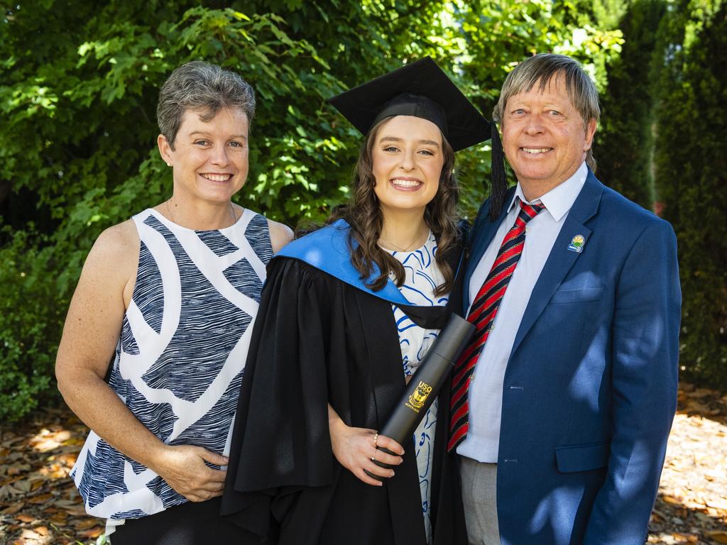 Bachelor of Nursing graduate Abi Birrell with parents Clare and Dave Birrell at UniSQ graduation ceremony at Empire Theatres, Wednesday, December 14, 2022.