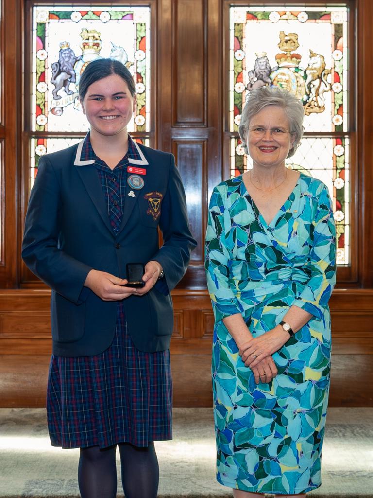 Trinity College debater Larissa Xanthopoulos with Governor Frances Adamson. Picture: Supplied