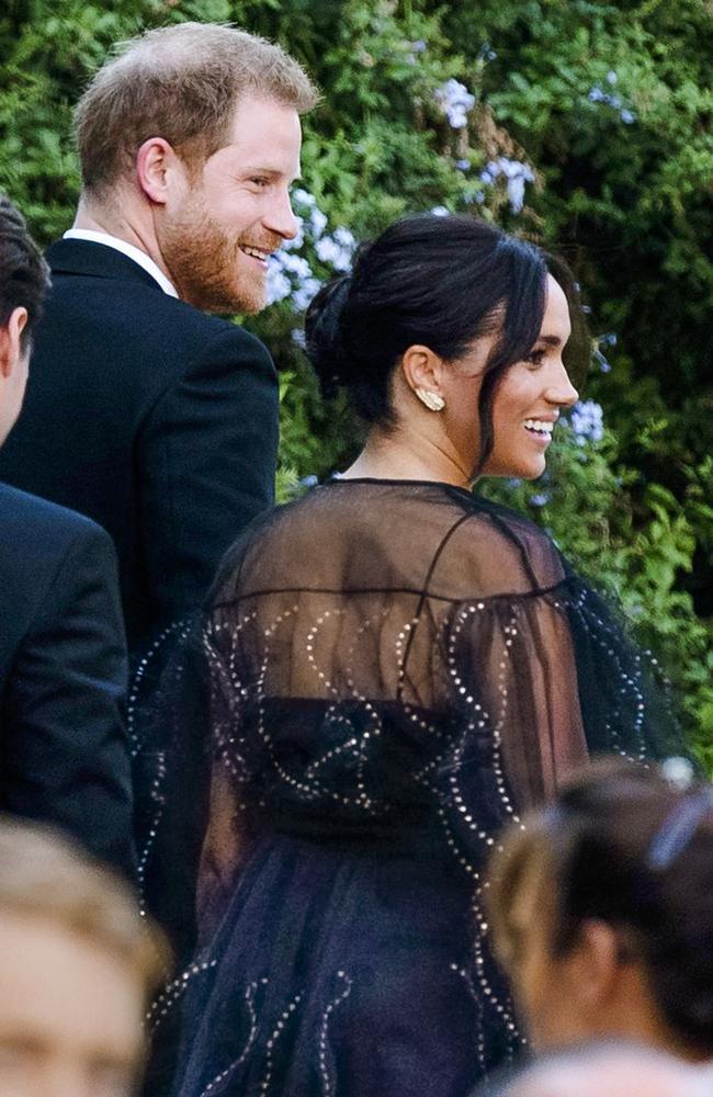 Britain's Prince Harry and his wife Meghan, Duchess of Sussex arrive to the wedding of Misha Nonoo and Michael Hess in Rome, dressed to the nines. Picture: Claudio Peri/ANSA/AP