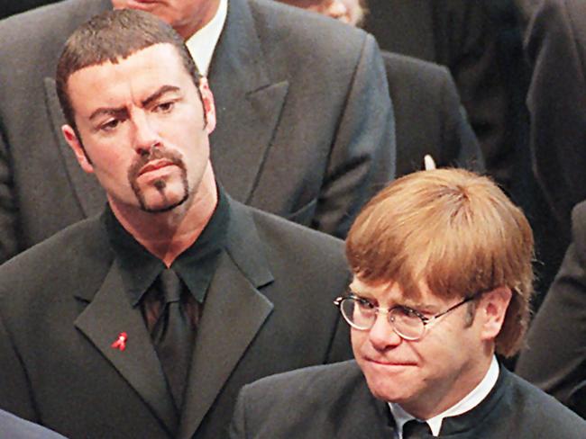 George Michael (left) and Elton John at Westminster Abbey following the funeral service of Princess Diana in 1997. Picture: AFP/Johnny Eggitt