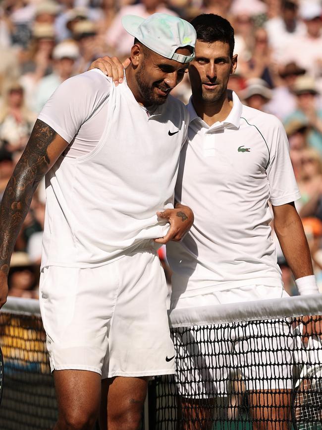 Kyrgios and Djokovic chat after their final.