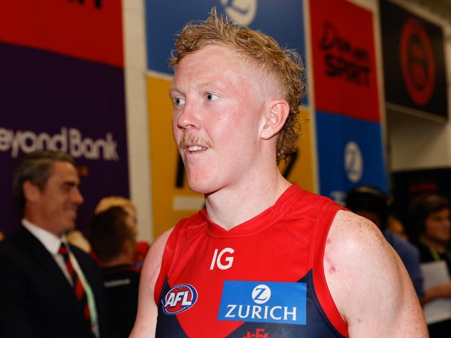 MELBOURNE, AUSTRALIA – MARCH 17: Clayton Oliver of the Demons is seen during the 2024 AFL Round 01 match between the Melbourne Demons and the Western Bulldogs at the Melbourne Cricket Ground on March 17, 2024 in Melbourne, Australia. (Photo by Dylan Burns/AFL Photos via Getty Images)