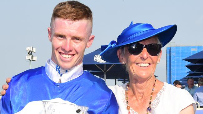 Jockey Bubba Tilley and trainer Charlotte White celebrated their first stakes win with Spurcraft at Doomben. Picture: Natasha Wood, Trackside Photography